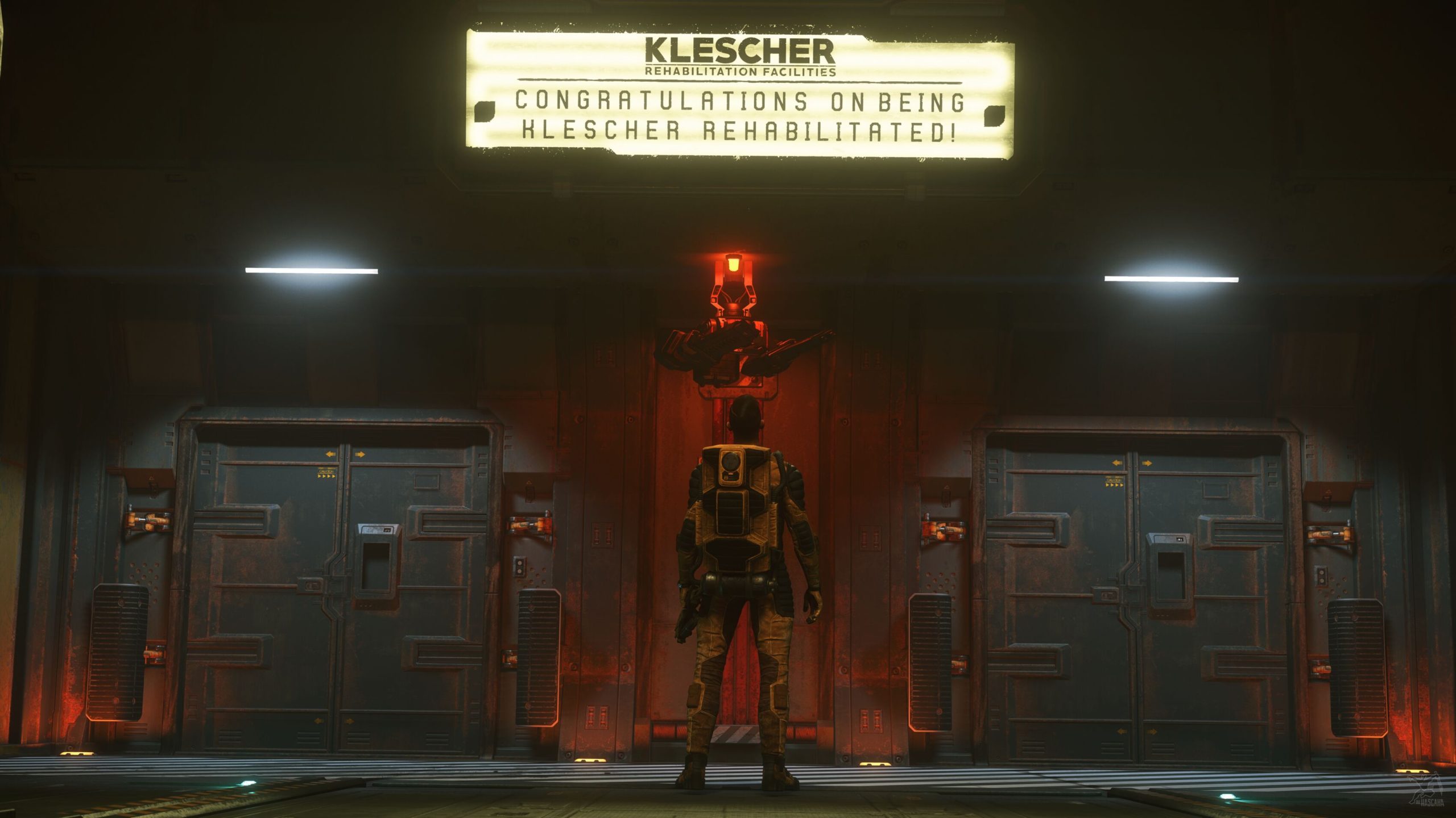 Star Citizen prison (Klescher facility). A prisoner standing front of the exit elevators.